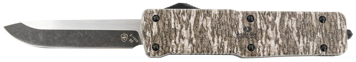 Templar Knife LZMOB321 Premium Weighted Large 3.55" OTF Drop Point Plain Black Oxide Stonewashed D2 Steel Blade, 5.25" Mossy Oak Bottomland Aluminum Zinc Alloy Handle