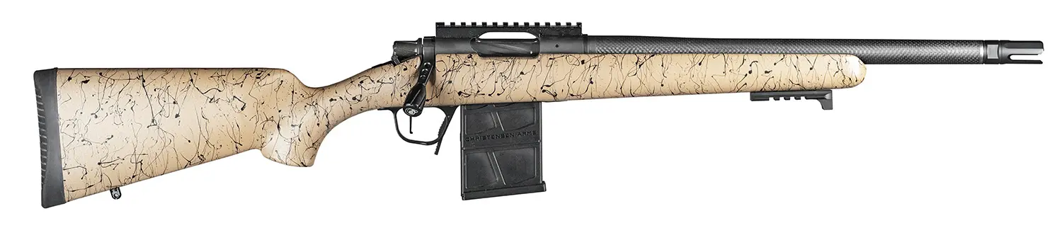 Sniper rifle with a beige camouflage stock and long barrel, ideal for precision shooting.