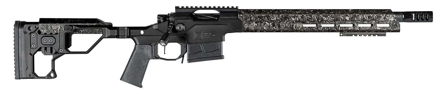 Modern tactical rifle with adjustable stock and scope mount for precision shooting.
