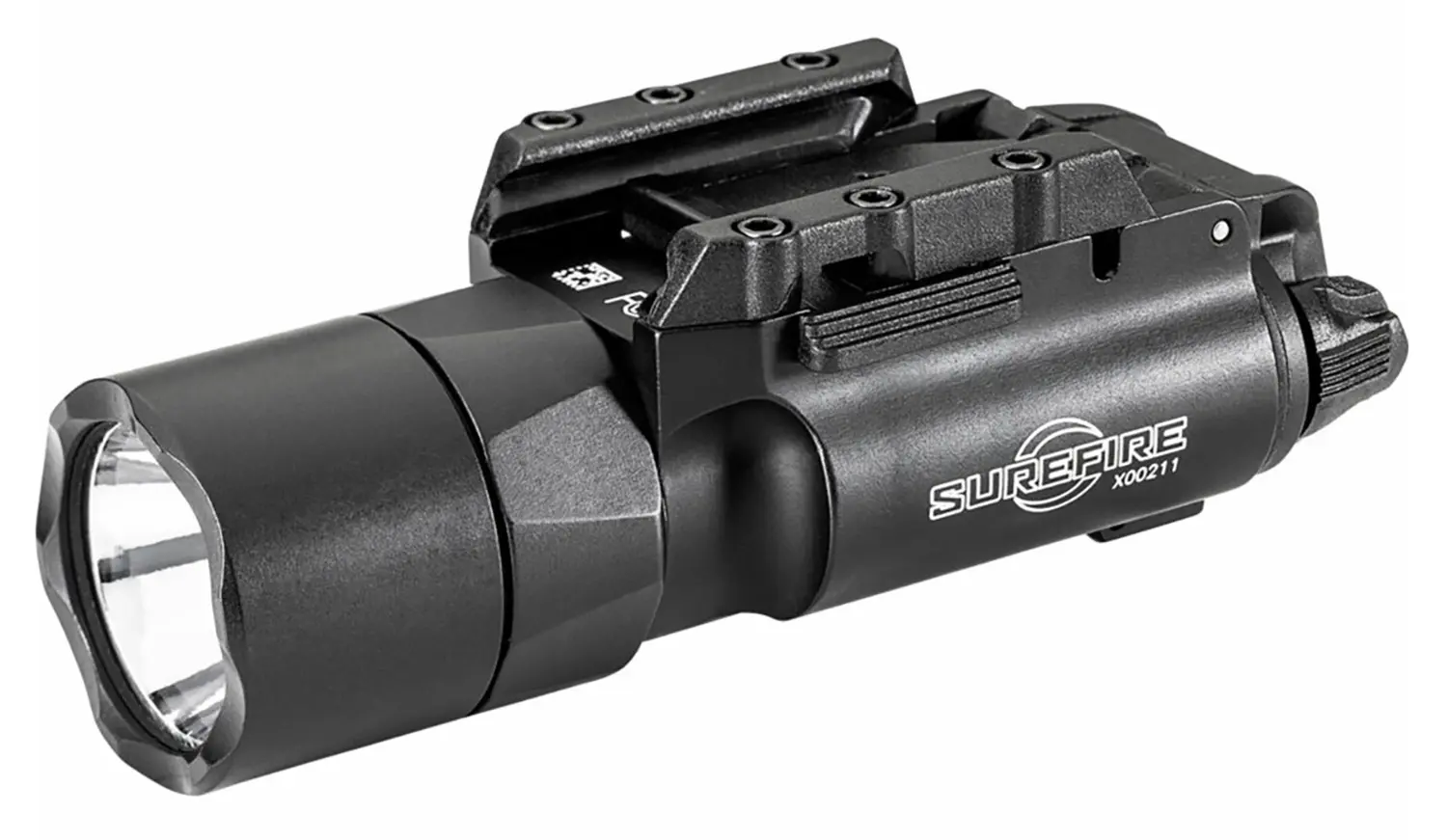 Durable SureFire tactical flashlight with mounting rail for firearms.