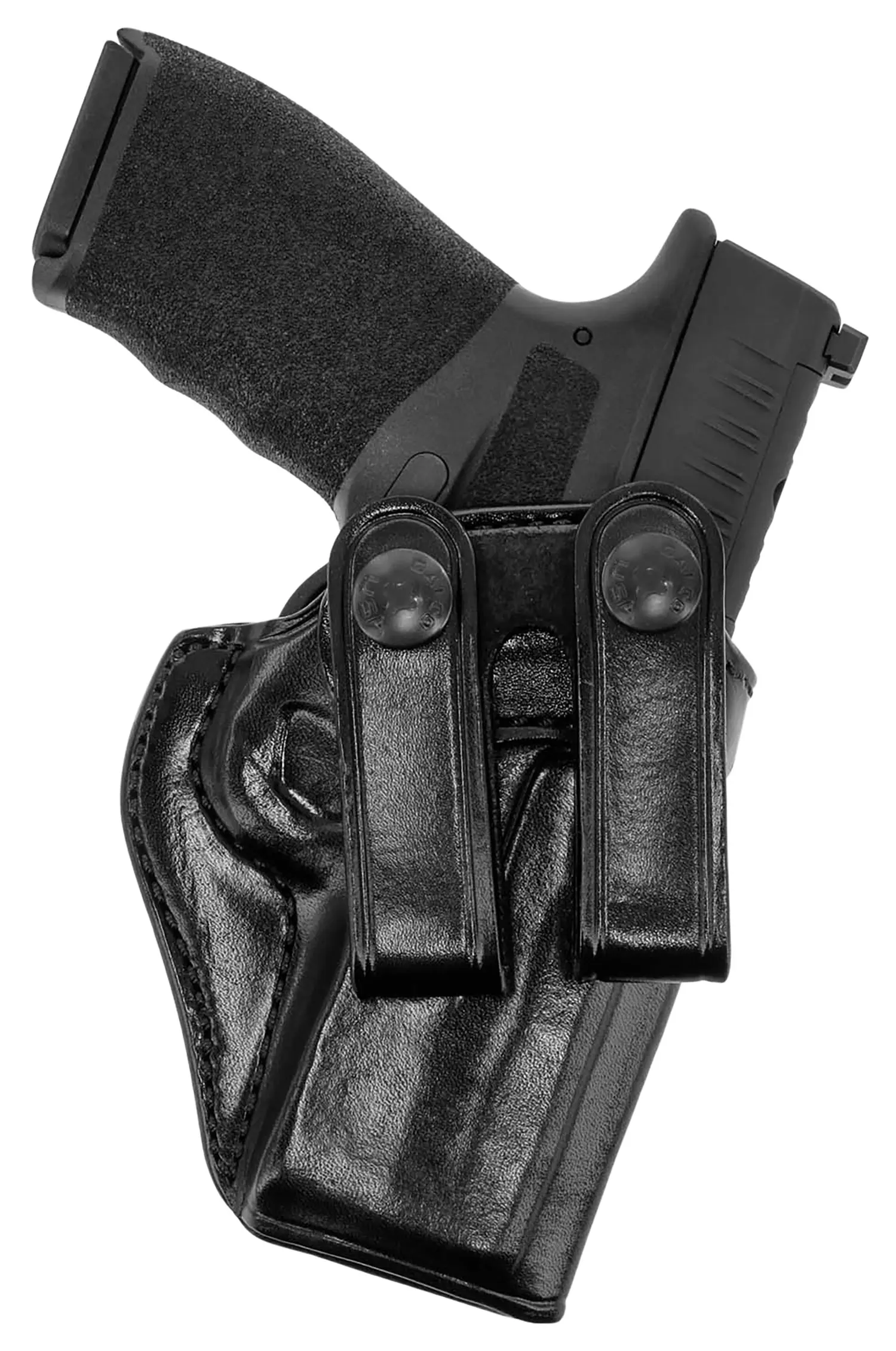 Black leather gun holster with firearm for concealed carry.