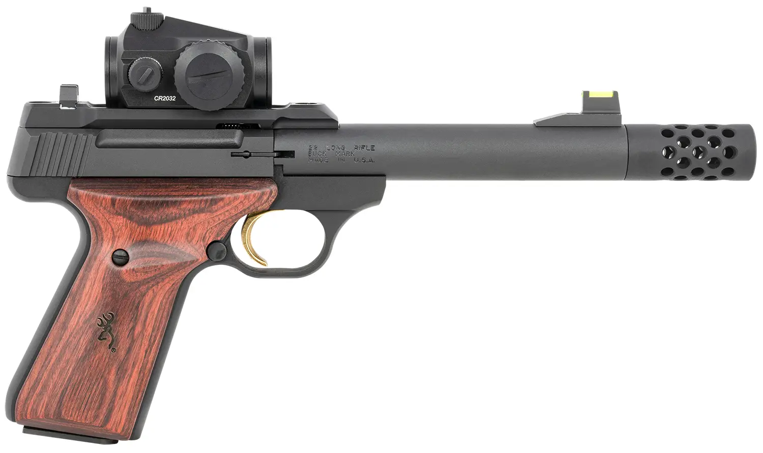 Browning 051580490 Buck Mark Hunter 22 LR 10+1 5.90" Bull/Threaded/Muzzle Brake Barrel, Matte Black Serrated Steel Slide & Aluminum Frame Laminate Cocobolo Grips, Vortex Crossfire Red Dot
