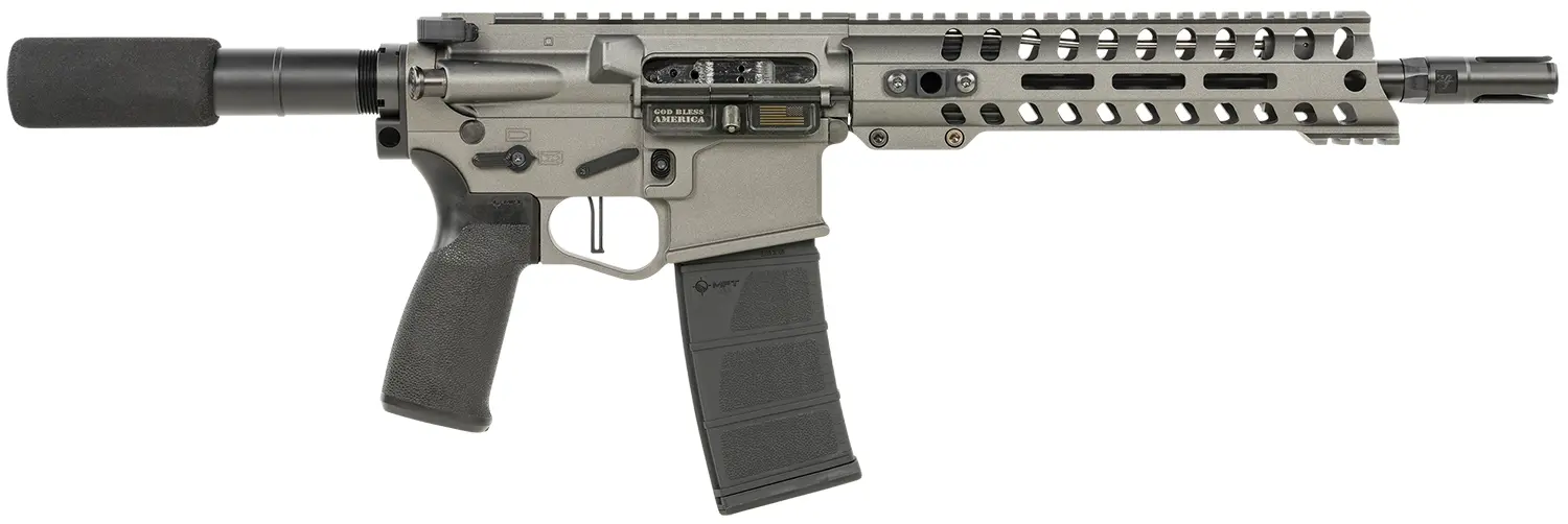Patriot Ordnance Factory 01802 Minuteman Direct Impingement 5.56x45mm NATO Caliber with 10.50" Barrel, 30+1 Capacity, Tungsten Metal Finish, Buffer Tube Stock & Black MFT Grip Right Hand