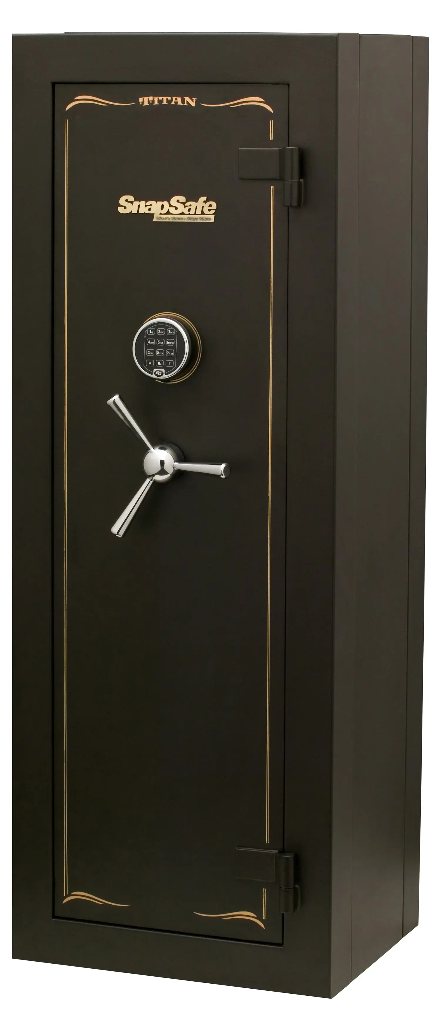 Safe with digital keypad lock and sturdy mechanical handle for secure firearm storage.