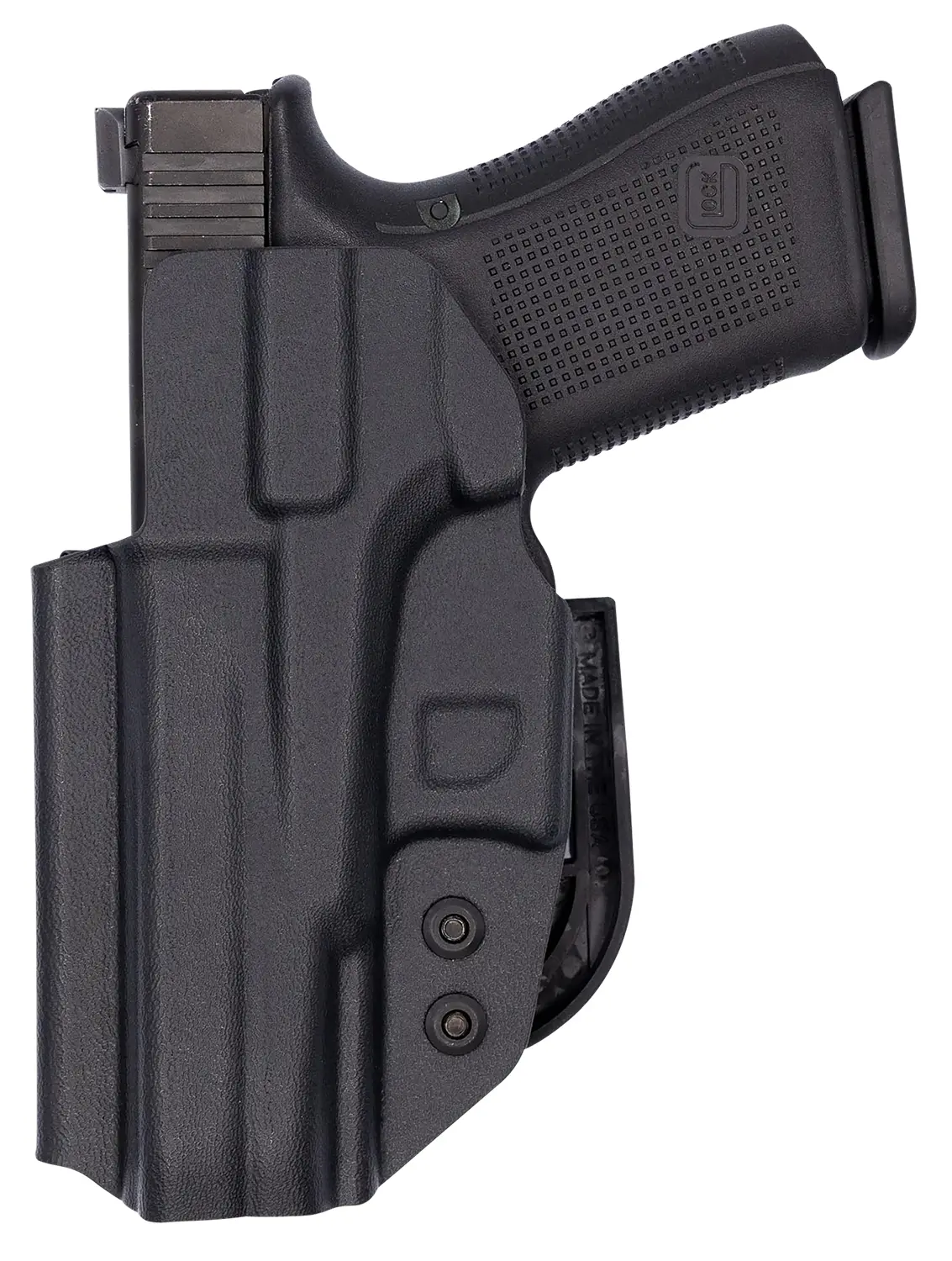 Holster for handgun with retention strap and belt clip.