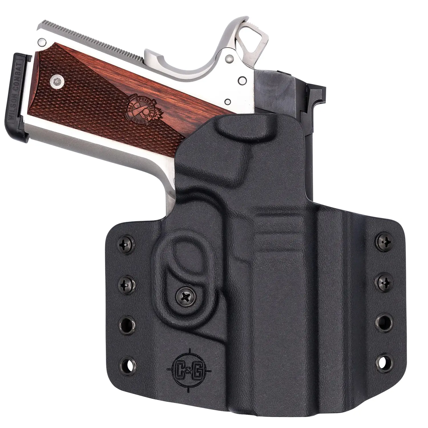 Black gun holster with a semi-automatic pistol inside, designed for concealed carry.