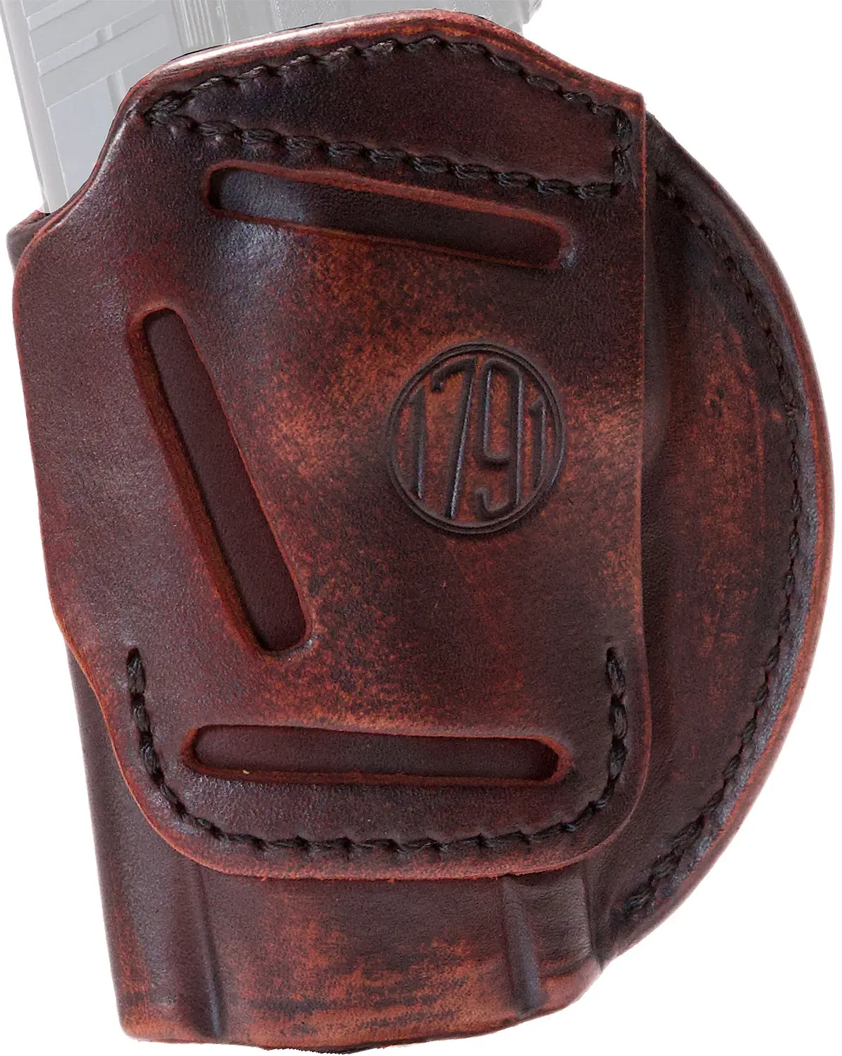Holster for firearm with leather construction and secure fit.