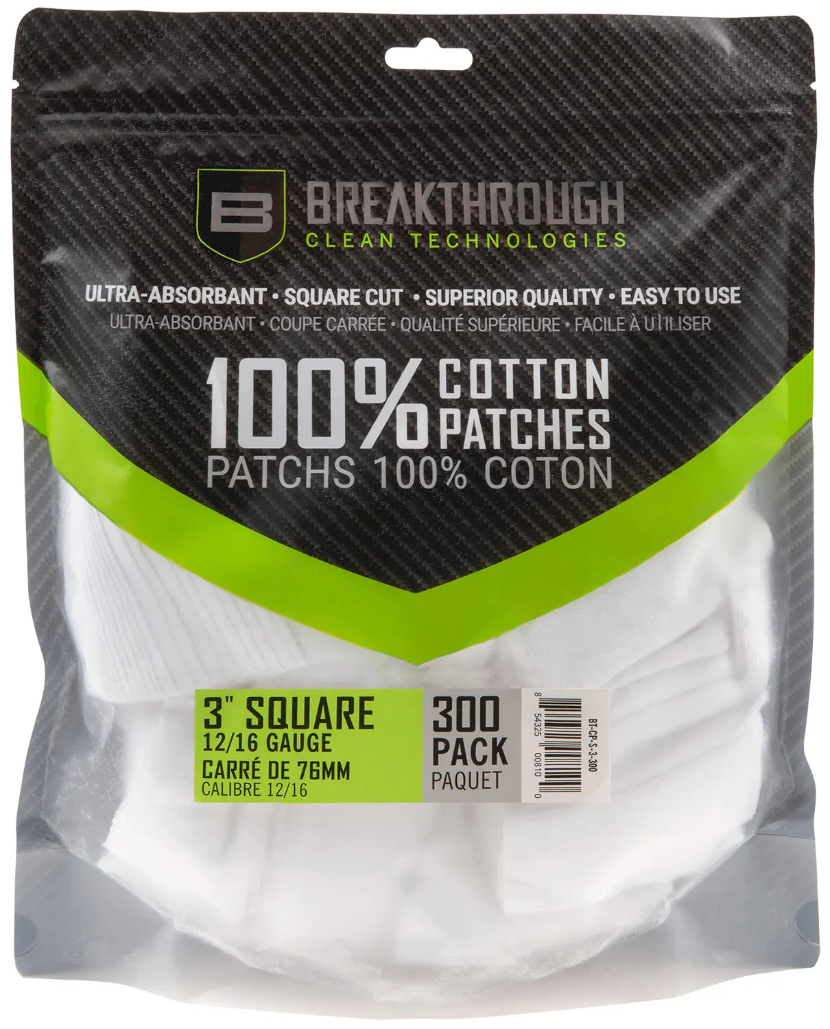 Pack of 300 white cotton patches for firearm cleaning and maintenance.