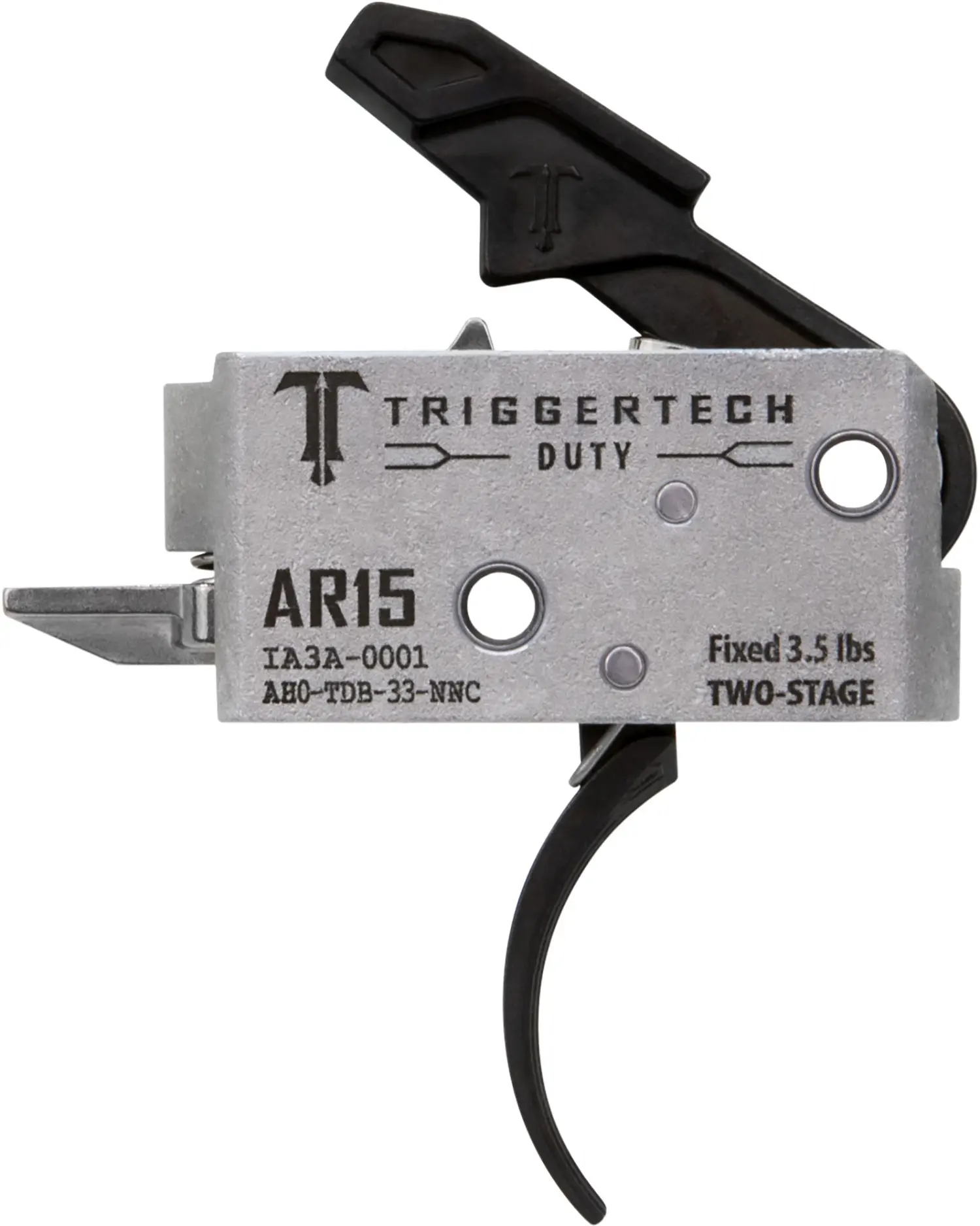 Triggertech AR15 Duty trigger with black finish, two-stage design, and 3.5 lbs pull weight. Ideal fo.