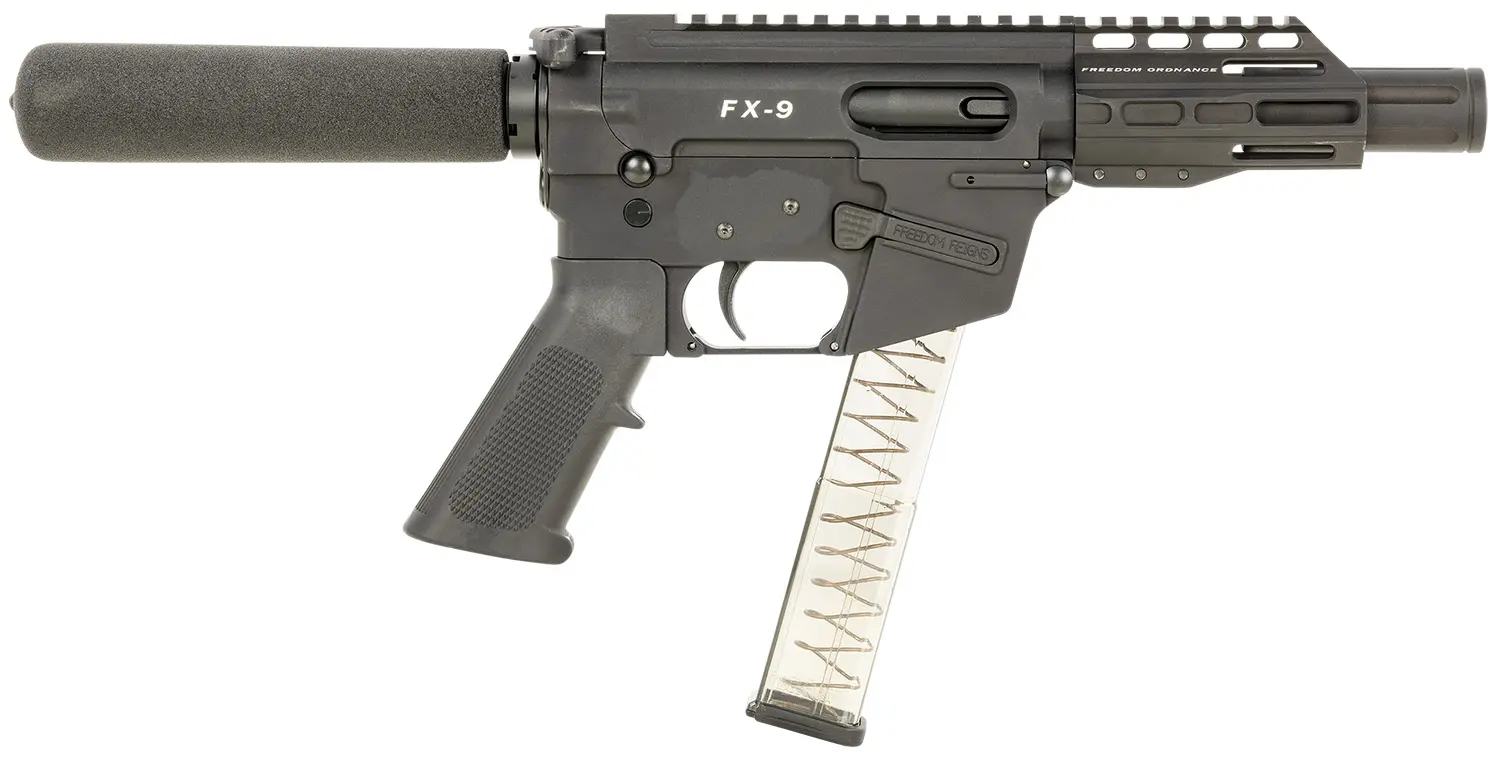 FREEDOM ORDNANCE FX9P4T FX-9 9mm Luger 32+1 4", Black, M-LOK Handguard, Padded Buffer Tube, A2 Grip, 3" Faux Suppressor, Includes Sling