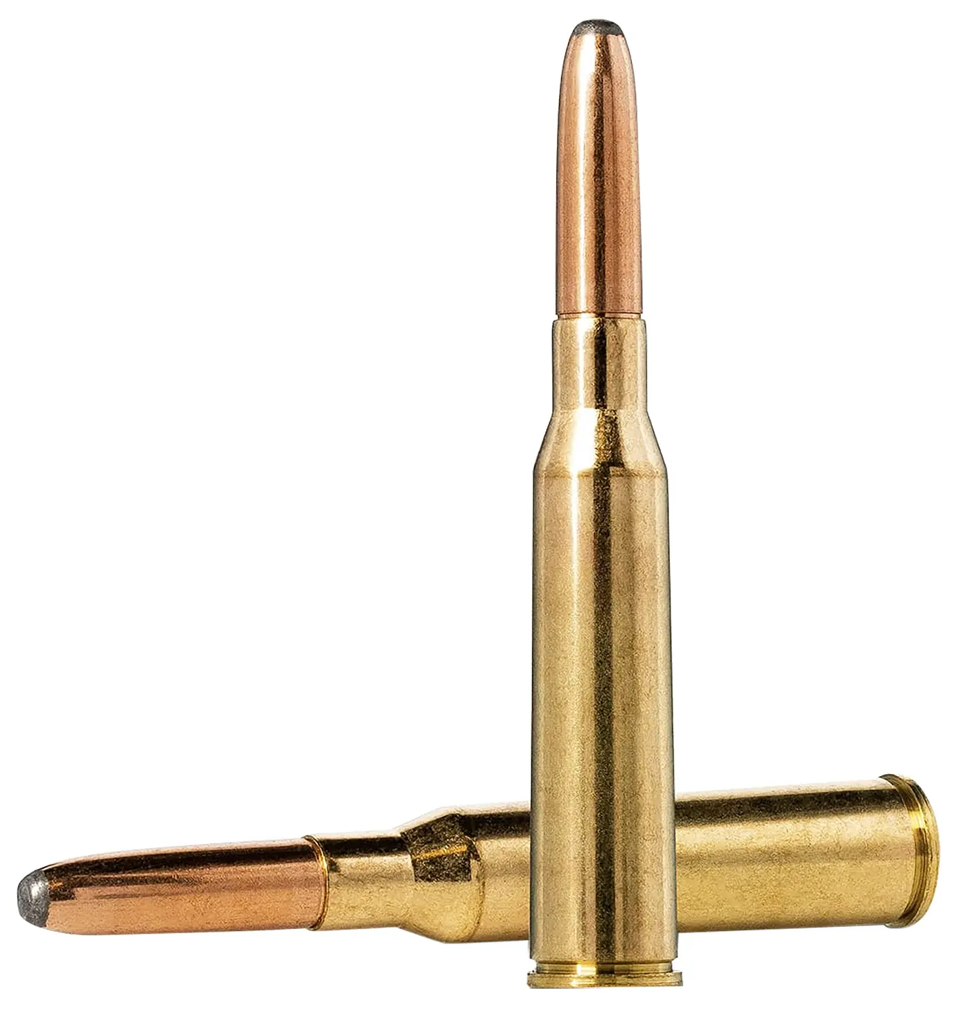 Close-up of two bullets with brass casings and copper tips.