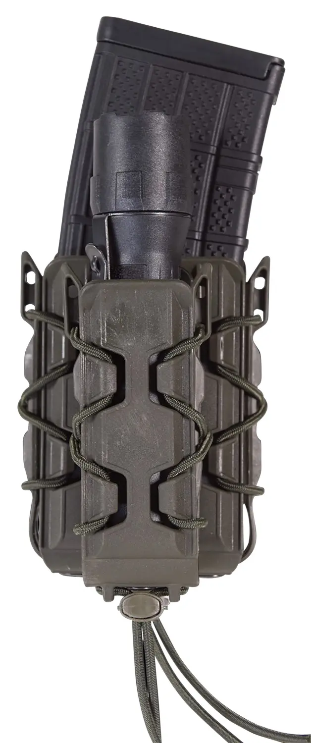 Gun magazine with tactical pouch attachment.