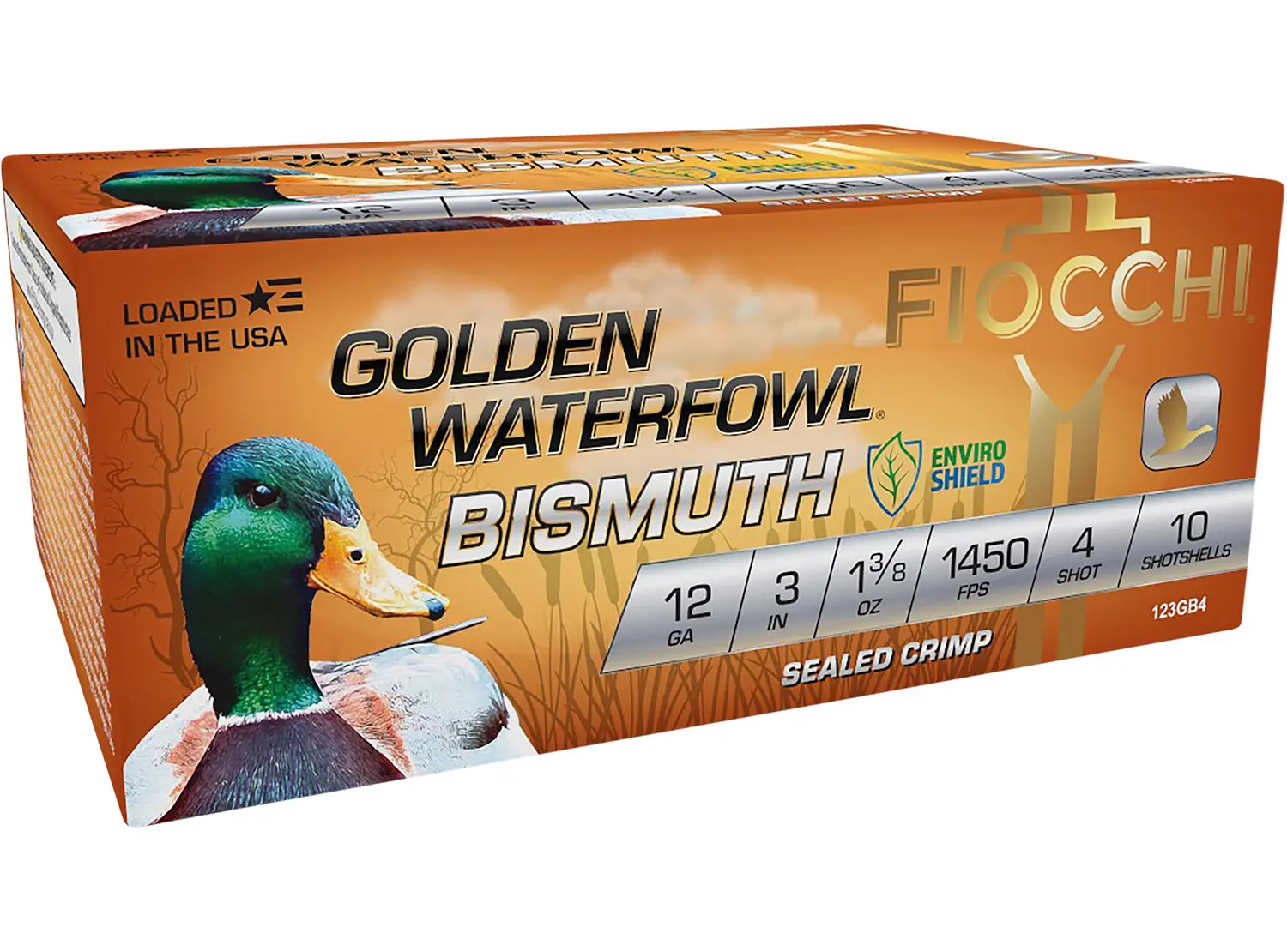 Fiocchi 123GB4 Golden Waterfowl Bismuth 12Gauge 3" 1 3/8oz 4Shot 10 Per Box/10 Case