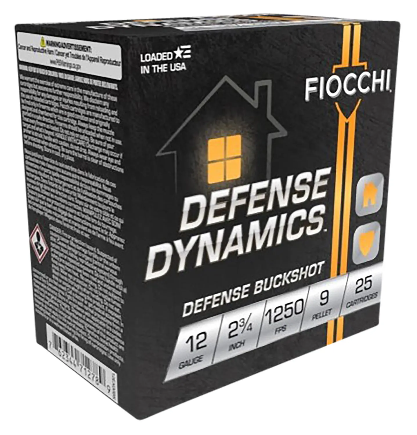 Loaded in the USA, Defense Dynamics buckshot box with branding and specifications.