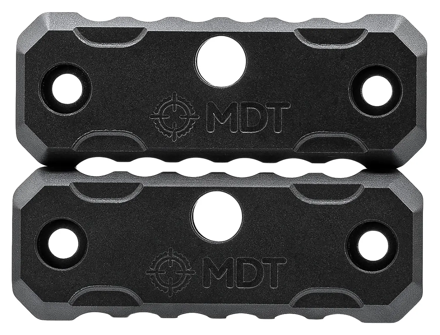 MDT scope mount plates for firearms, black metal, precision gun accessories.
