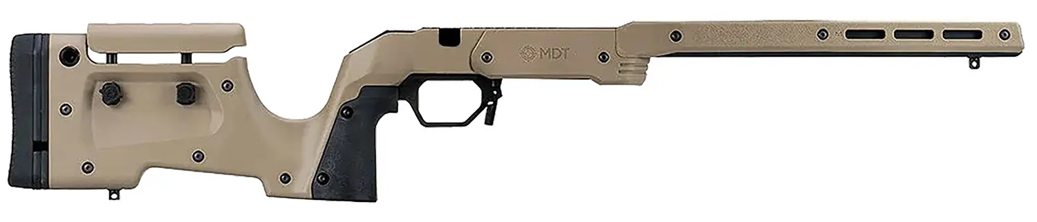 Precision rifle stock with adjustable features and durable construction.
