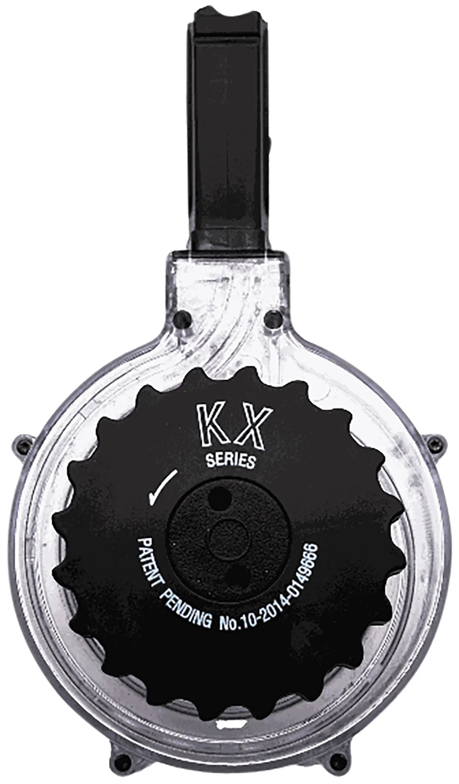 KX Series gearbox component for firearms, transparent casing with black gear.