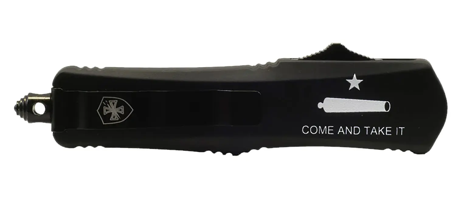 Templar Knife LCATII531 Gen II Come And Take It Small 2.69" OTF Tanto Part Serrated Black Oxide 440C SS Blade, 4.31" Black "Come And Take It" w/Cannon Aluminum Handle, Glass Breaker