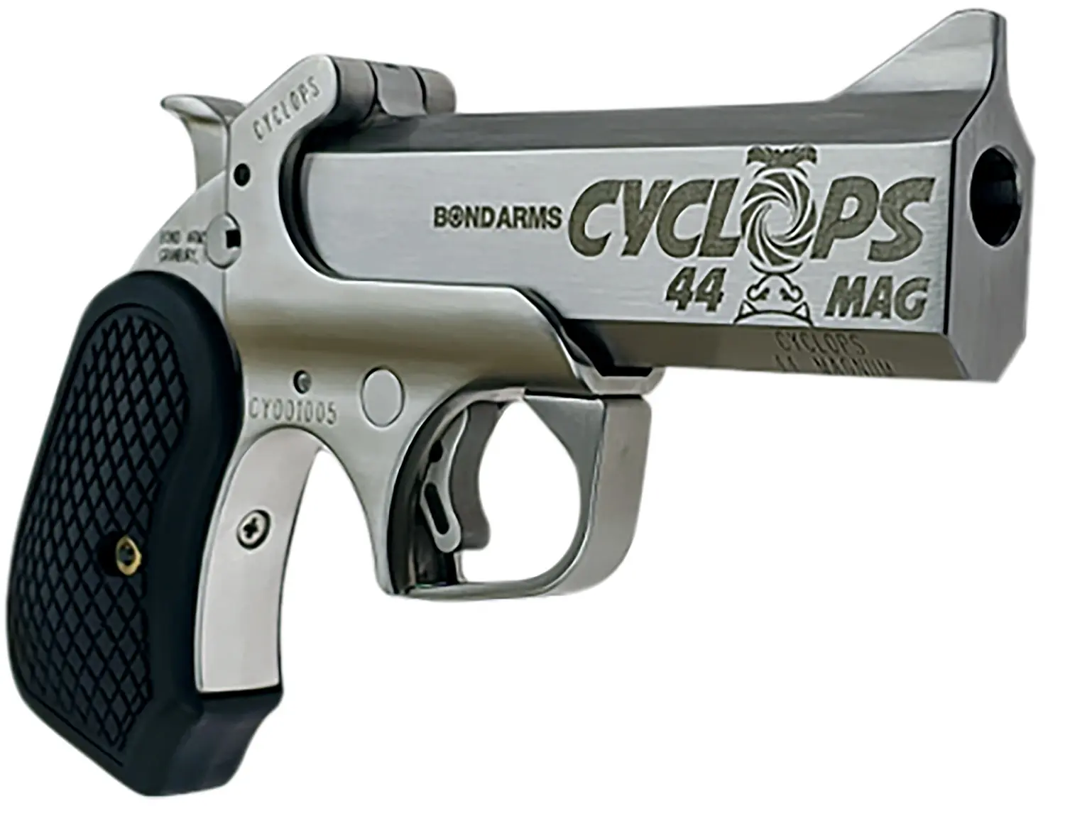 Bond Arms BACYP Cyclops Big Bore 44 Mag 1rd 4.25" Stainless Steel w/Engraved Barrel, Matte Stainless Frame, Black Extended B6 Resin Grip