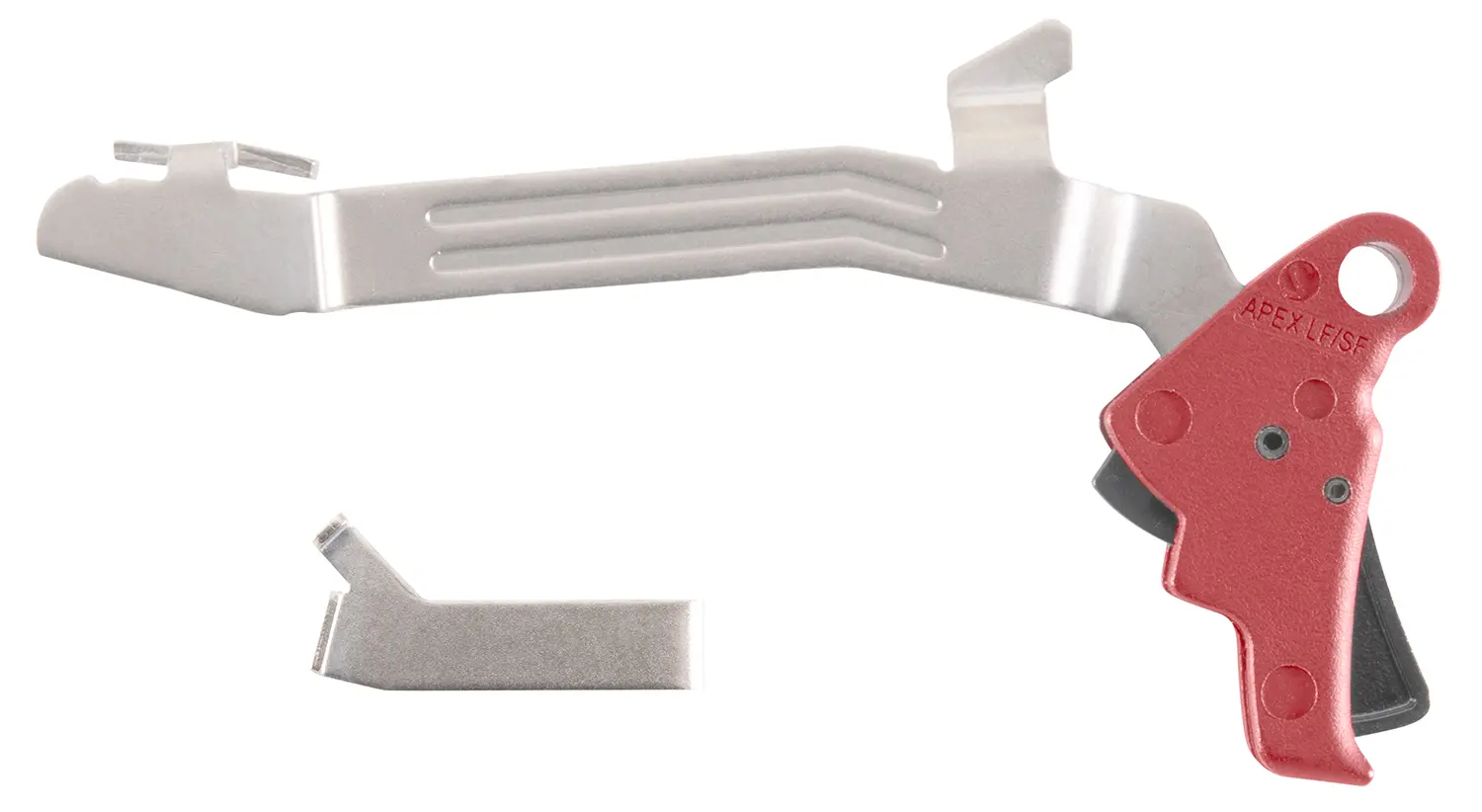Gun cleaning tool with a red handle and metal parts for firearm maintenance.