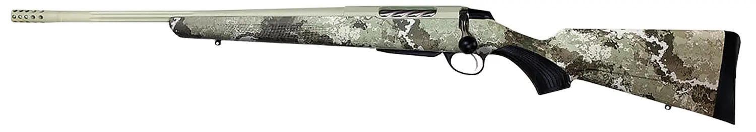 Camouflage-patterned hunting rifle with scope and synthetic stock.