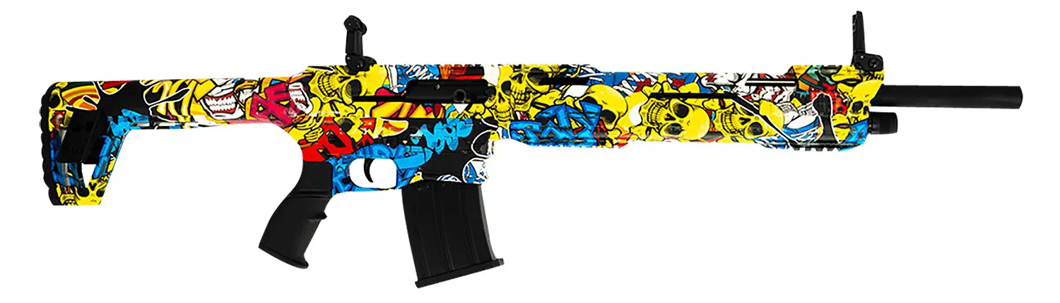 Custom graffiti-style painted rifle with vibrant colors and unique design.
