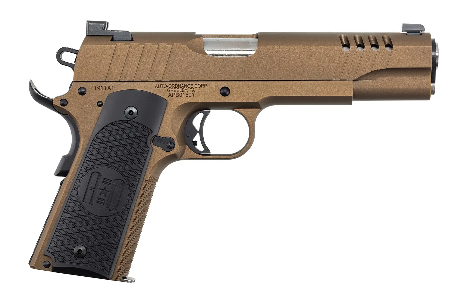 Auto-Ordnance 1911TCAC10 1911 45 ACP 7+1 5" Stainless Steel Barrel, Serrated Stainless Steel Slide, Burnt Bronze Cerakote Steel Frame w/Beavertail, Armor Black Cerakote Engraved Aluminum Grip