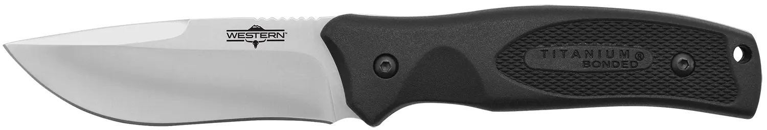 Camillus 19232 Western Black River 3.75" Fixed Drop Point Plain Satin 420 Steel Titanium Bonded Blade, Black Rubber Handle, Includes Sheath