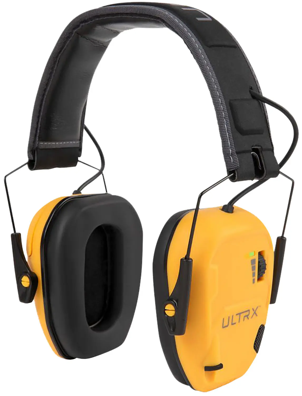 Yellow and black hearing protection earmuffs for shooting or loud environments.