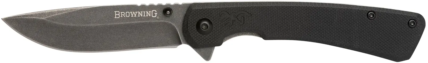 Black folding knife with textured handle and sharp blade.