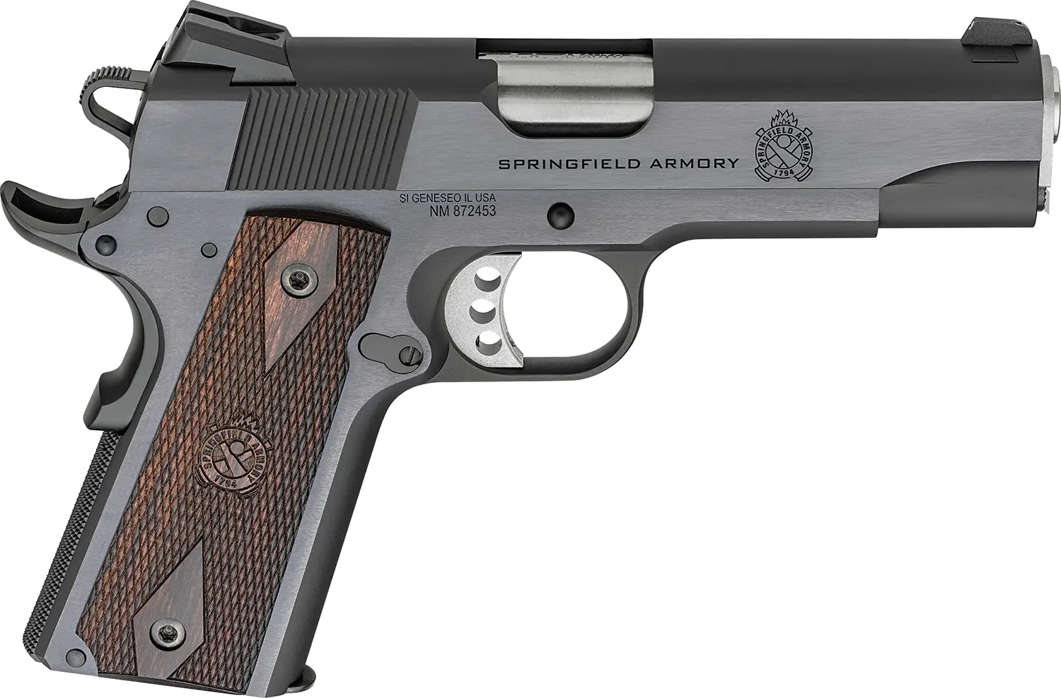Springfield Armory PX9418 1911 Garrison 45 ACP 7+1 4.25" Stainless Match Grade Barrel, Blued Serrated Carbon Steel Slide & Frame w/Beavertail, Thinline Wood Grip