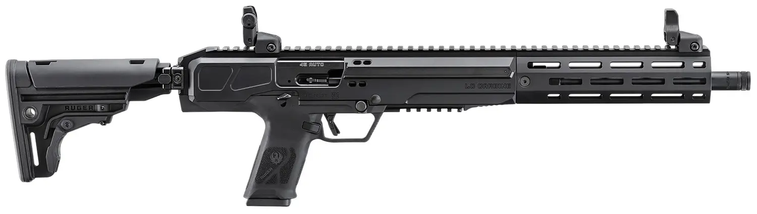 Rifle with adjustable stock and rail system for tactical shooting.