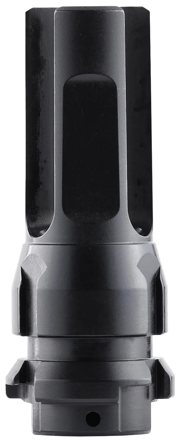 Gun silencer for firearms, black metal finish, compact and durable design.