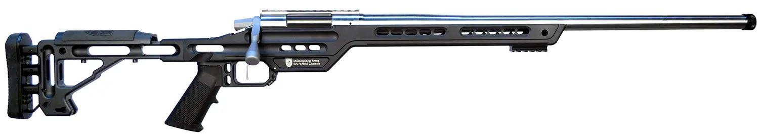 Precision bolt-action rifle with adjustable stock and long barrel.