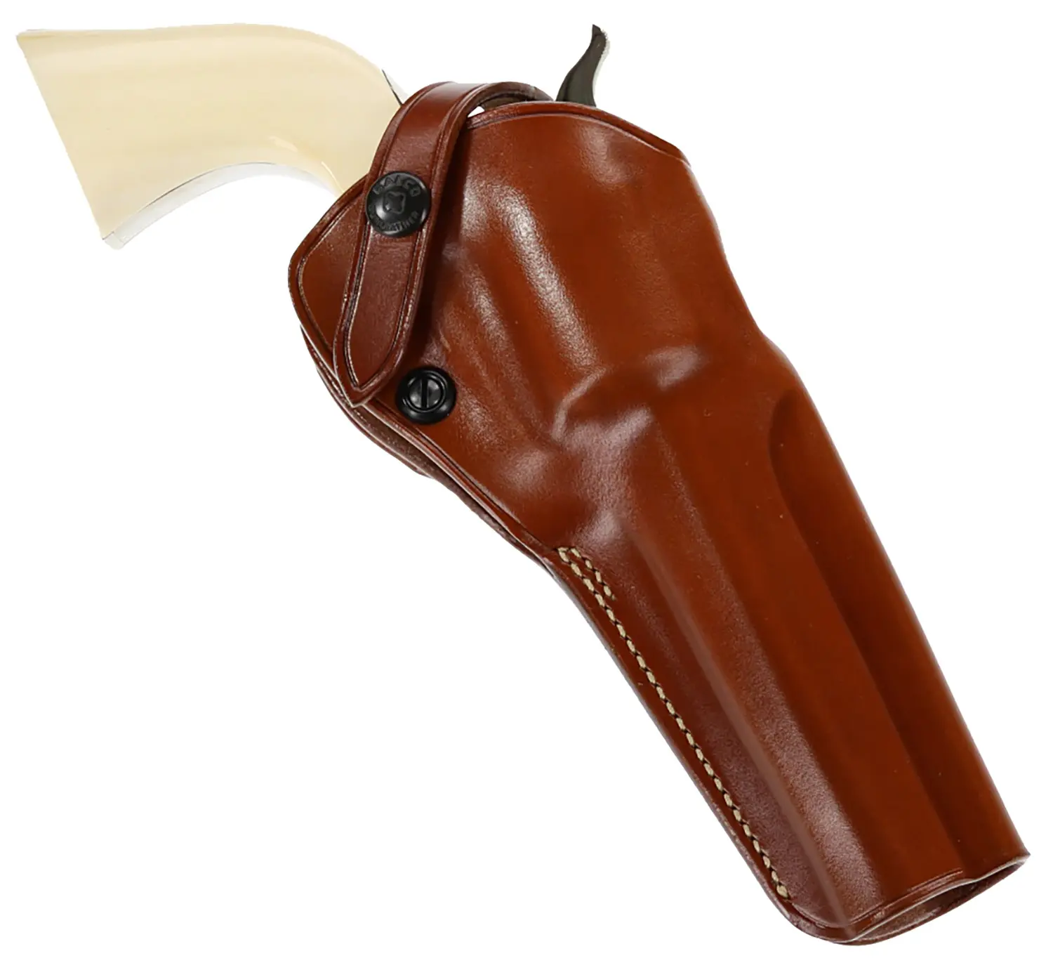 Holster with firearm, leather gun holder for concealed carry or range use.