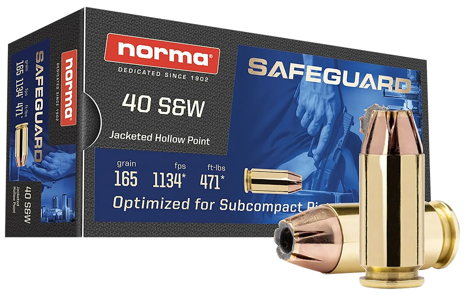 Norma Ammunition 801407887 Safeguard 40S&W 165gr Jacketed Hollow Point 50 Per Box/20 Case