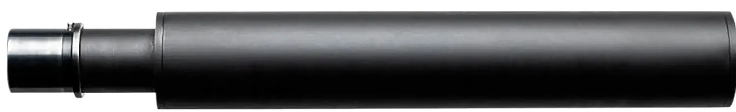 Close-up of a black firearm suppressor on a rifle barrel.