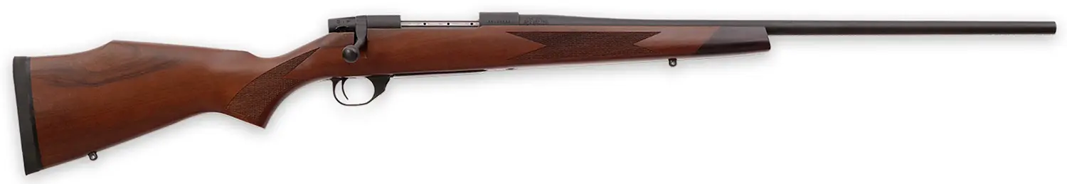 Bolt-action rifle with wooden stock and metal barrel.
