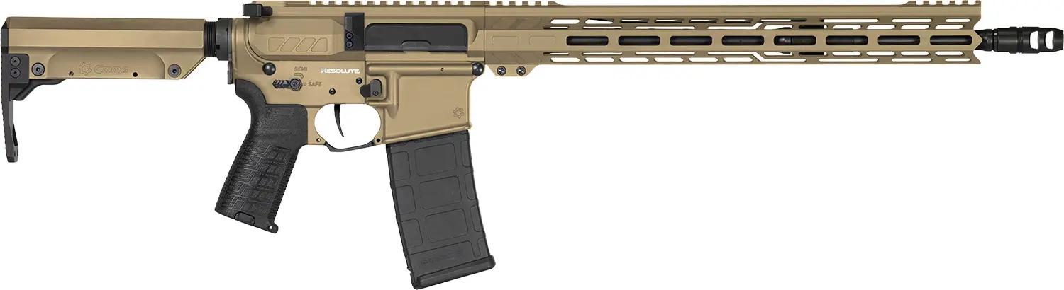 Rifle with tan and black finish, featuring a tactical handguard, scope mount, and adjustable stock.