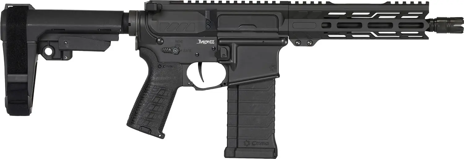 Black tactical rifle with adjustable stock and rail system.