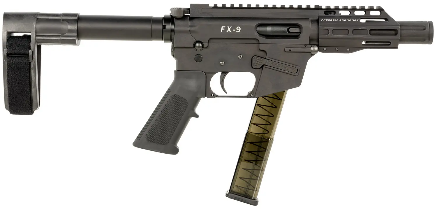 FREEDOM ORDNANCE FX9P4SBM FX-9 9mm Luger 31+1 4" Black Nitride Steel Barrel, M-LOK Handguards, Black Anodized Aluminum Picatinny Rail Receiver, Black SB Mini Brace, AR15 Grip
