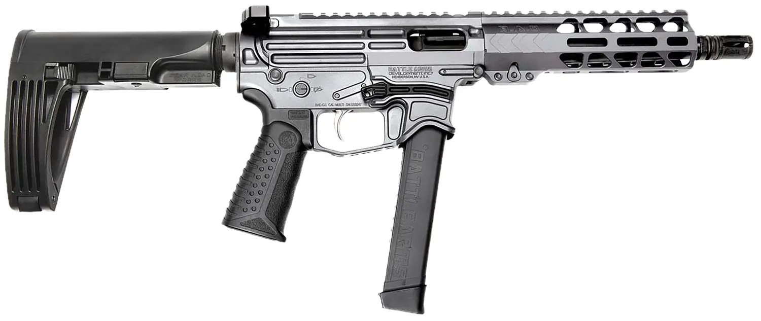 Tactical rifle with adjustable stock, ergonomic grip, and modern design.
