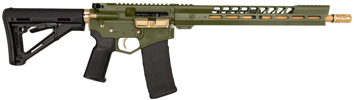 Rifle with adjustable stock, scope mount, and ergonomic grip.