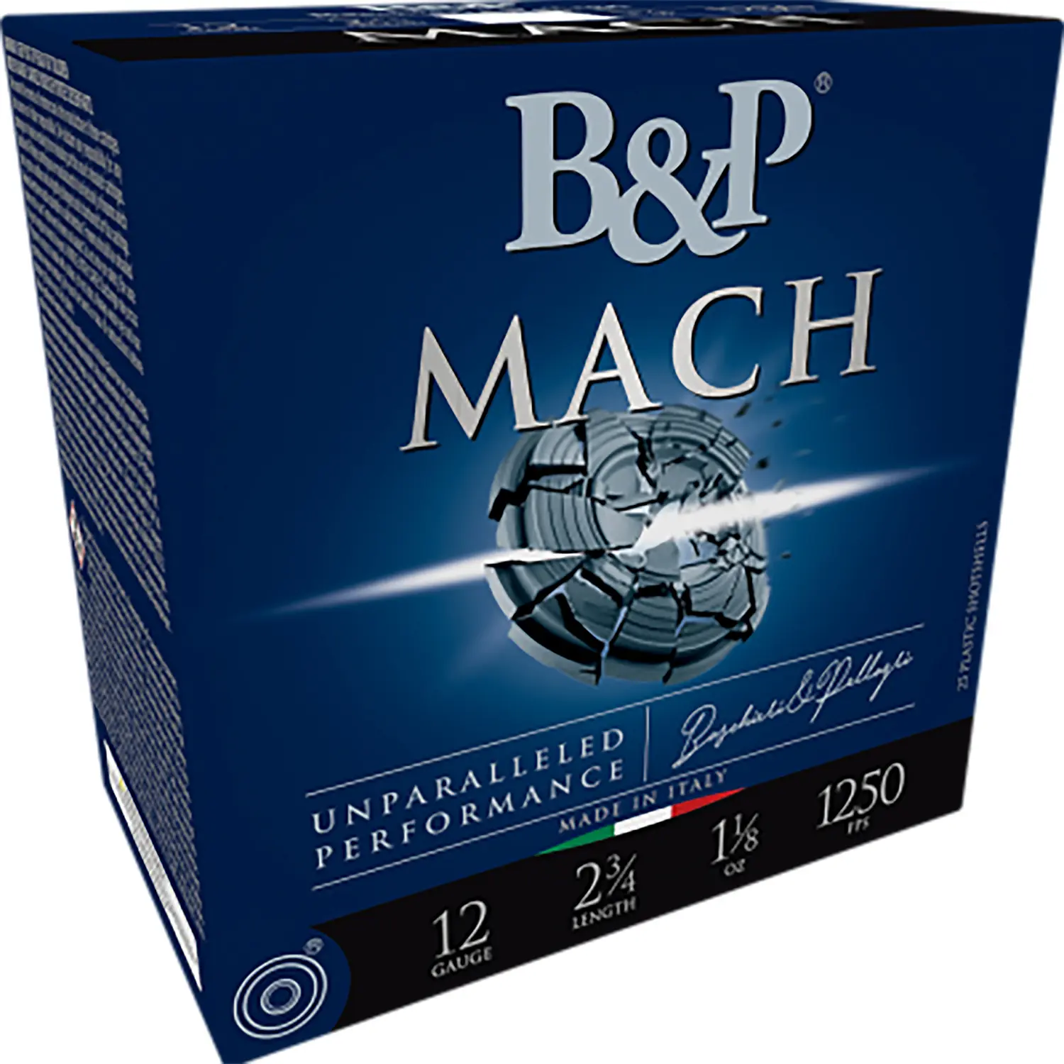 B&P Mach ammunition box with globe logo and performance details.