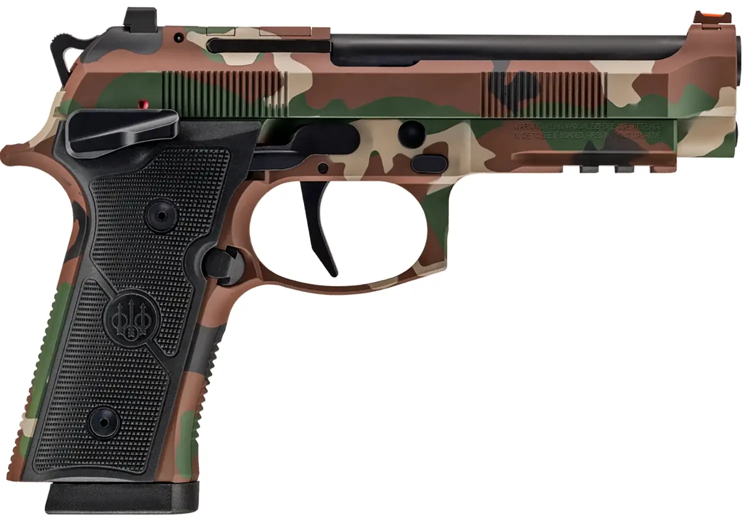 Camouflage-patterned semi-automatic pistol for tactical use.