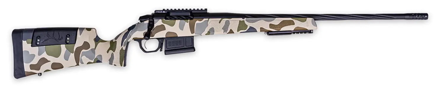 High-precision sniper rifle with camouflage pattern, scope, and tactical stock for long-range shooti.