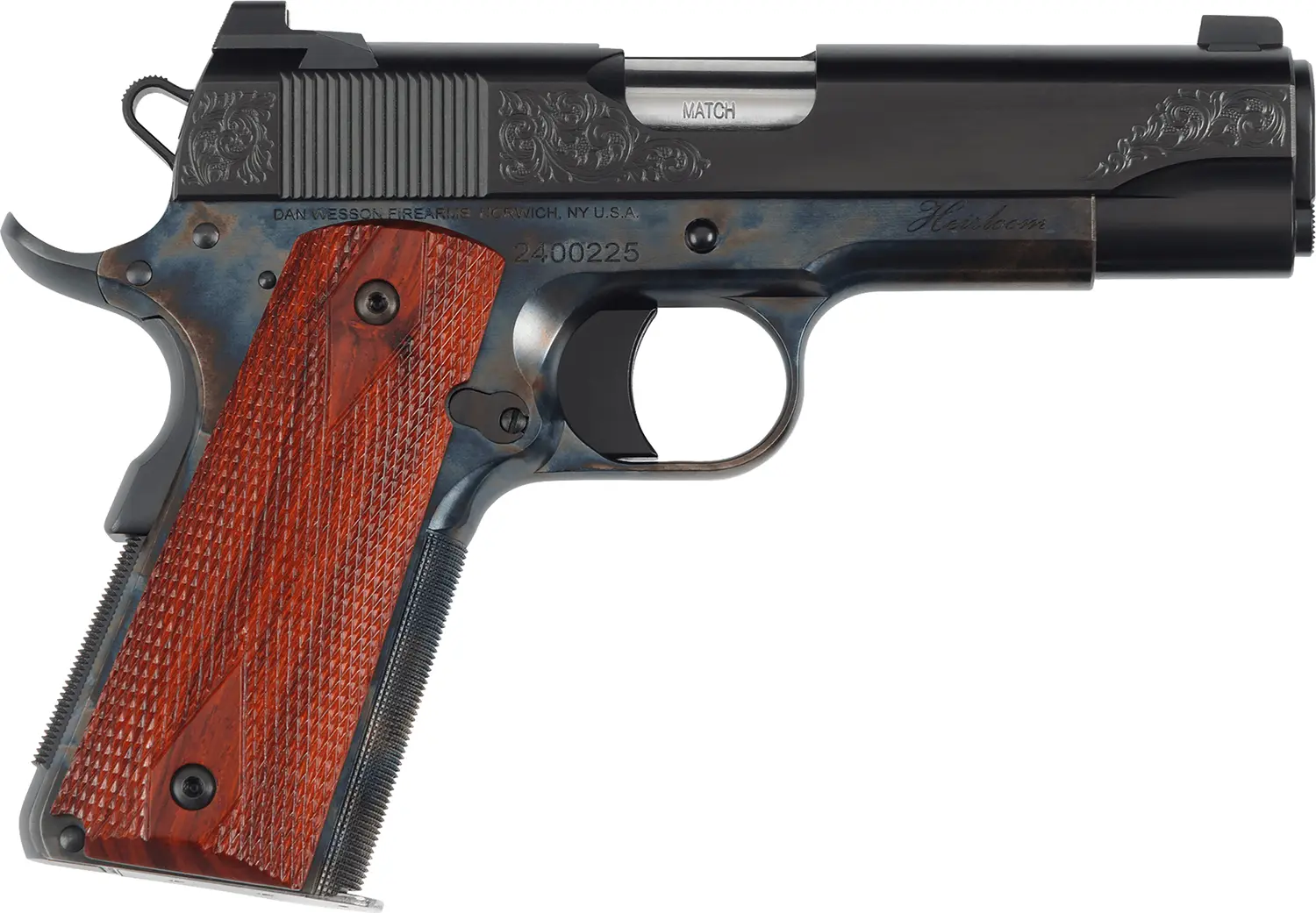 Dan Wesson 01779 Heirloom 2024 45 ACP 8+1 4.25" Stainless Steel Barrel, Blued Serrated Carbon Steel Slide, Black Steel Frame w/Beavertail, Cocobolo Grip
