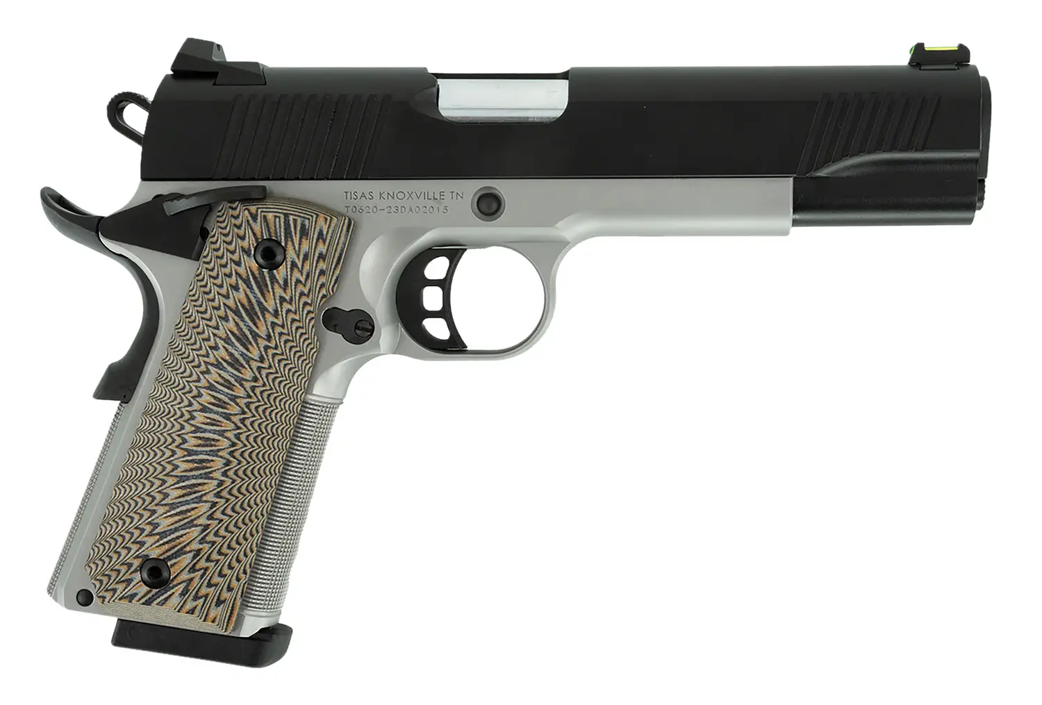 Tisas 10100803 1911 D10 FO Full Size Frame 10mm Auto 8+1 5" Hard Chrome Plated Steel Barrel, Black Cerakote Steel Serrated Slide, Stainless Steel Frame w/Beavertail, Black/Tan G10 Grip