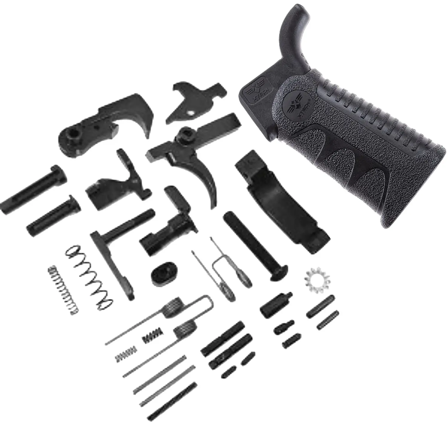Disassembled firearm parts including grip, springs, and screws for repair or upgrade.