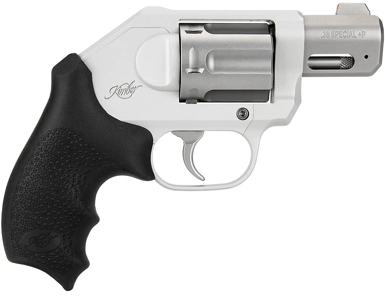 Close-up of a Kimber .38 Special revolver with a black grip and silver barrel.